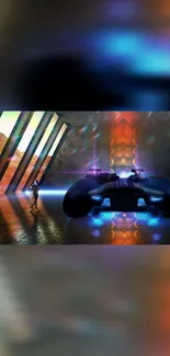 Futuristic gaming landscape with controller and neon lights.