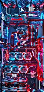 Futuristic gaming PC with neon lights and intricate circuits.