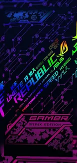 Futuristic neon gaming wallpaper with vibrant tech design.