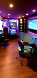 Futuristic gaming room with neon lights and multiple screens.