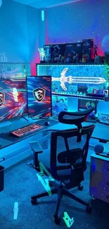 Futuristic gaming setup with neon light ambiance.