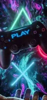 Gaming controller with neon PlayStation design.