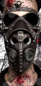 Futuristic gas mask art wallpaper with a dark, steampunk style.