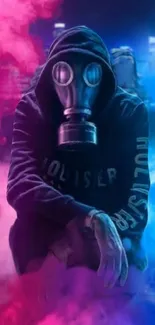 Mystery figure in gas mask with neon pink and blue smoke.