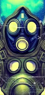 Futuristic gas mask artwork with vibrant yellow background.