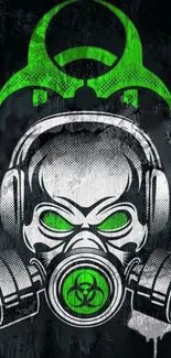 Futuristic gas mask skull with neon green accents on a dark background.