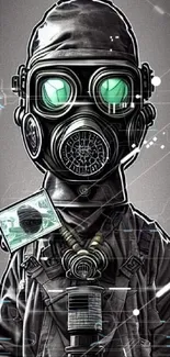 Futuristic figure in gas mask with glowing green eyes.