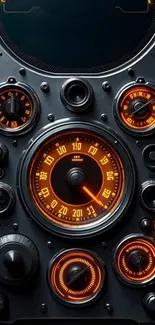 Futuristic dashboard with glowing gauges and dials.