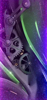 Abstract neon wallpaper with purple gears and vibrant colors.