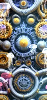 Futuristic gears mixed with jellyfish art in a steampunk style wallpaper.