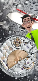 Futuristic animation featuring clock gears and character on a vibrant wallpaper.