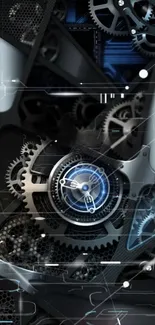 Futuristic gear clock with intricate metallic design for mobile wallpaper.