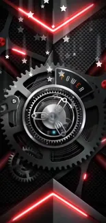 Futuristic gear clock with red neon accents and black background in mobile wallpaper.