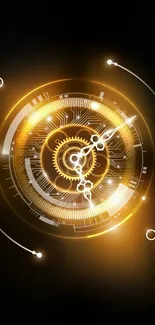 Futuristic clock design with glowing golden gears on a black background.