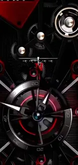 Futuristic gear-driven clock in vivid red and black wallpaper.