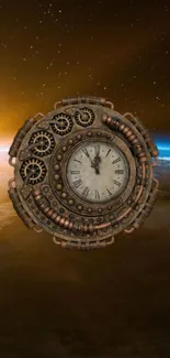 Futuristic gear clock with planetary background as mobile wallpaper.