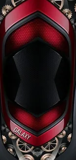 Futuristic gear design with red accents on a phone wallpaper.