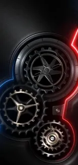 Futuristic wallpaper with gears and neon lights.