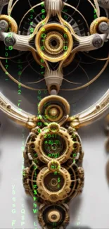 Futuristic wallpaper with gears and digital codes in gold and green hues.