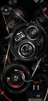 Futuristic wallpaper with colorful gears and wires on a black background.