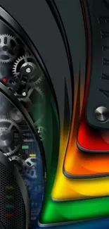 Futuristic wallpaper with gears and rainbow colors for mobile.