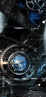 Close-up of a futuristic gear mechanism with blue highlights.