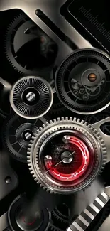 Futuristic gear mechanism with red highlights on a mobile wallpaper.