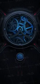 Futuristic gear design with blue glow and intricate details.