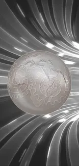 Futuristic gray sphere with gear design in a dynamic background.