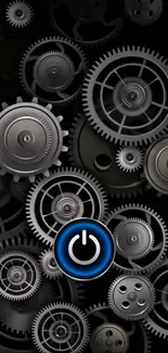 Intricate gears with blue power symbol, mechanical theme.