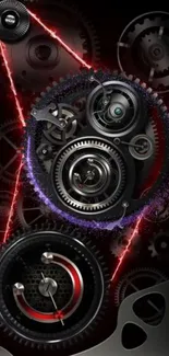 Futuristic gears with red and purple accents on a black background.