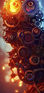 Abstract wallpaper with futuristic gears and vibrant orange lighting.