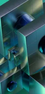 Futuristic 3D geometric abstract design in metallic and blue tones.