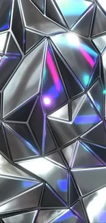Futuristic geometric design with metallic textures in silver and iridescent hues.