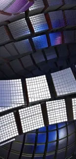 Futuristic geometric architecture with illuminated grid patterns.