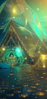 Futuristic geometric art wallpaper in teal and gold hues, perfect for tech enthusiasts.