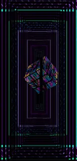 Futuristic geometric art wallpaper with colorful cube pattern on smartphone screen.