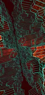 Futuristic geometric art with red and teal lines.