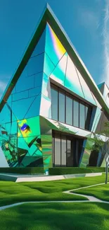 Futuristic building with geometric design against blue sky.