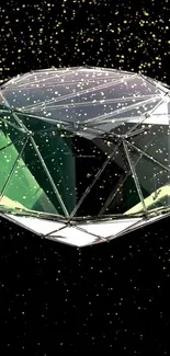 Futuristic geometric crystal with green hues on starry black background.