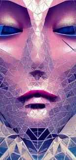 Futuristic geometric face art in pink and purple hues, abstract and modern design.