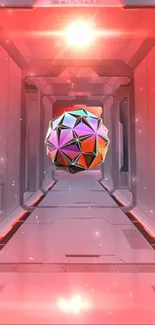 Futuristic wallpaper with floating geometric sphere in a glowing red corridor.