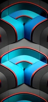 Futuristic geometric pattern with blue, gray, and red accents.