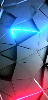 Futuristic geometric wallpaper with neon blue and red lines on a dark background.