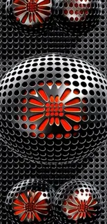 Futuristic 3D geometric design with metallic spheres.