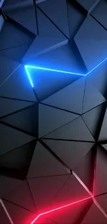 3D geometric wallpaper with neon blue and red lights.