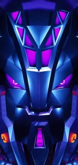 Futuristic geometric robot face with blue and purple hues in phone wallpaper.