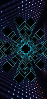 Futuristic geometric design with neon blue cubes and a tunnel effect on a phone wallpaper.