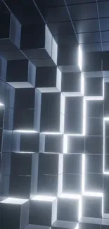 Futuristic geometric pattern with illuminated cubes in dark gray tones.