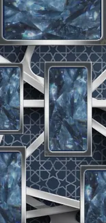 Futuristic geometric wallpaper with blue and silver design.